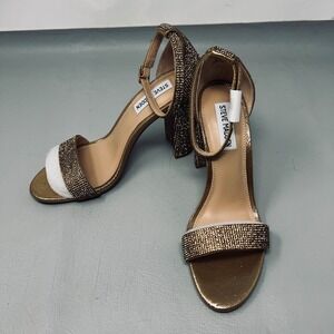 Steve Madden Women Sandals 8.5M Gold Rhinestone Carrson-R Block Heel Ankle Strap